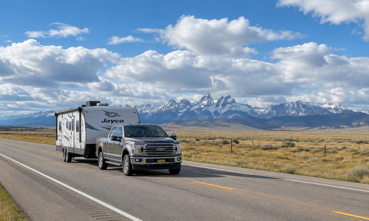 Pickup towing a travel trailer along an open interstate with mountains in the distance