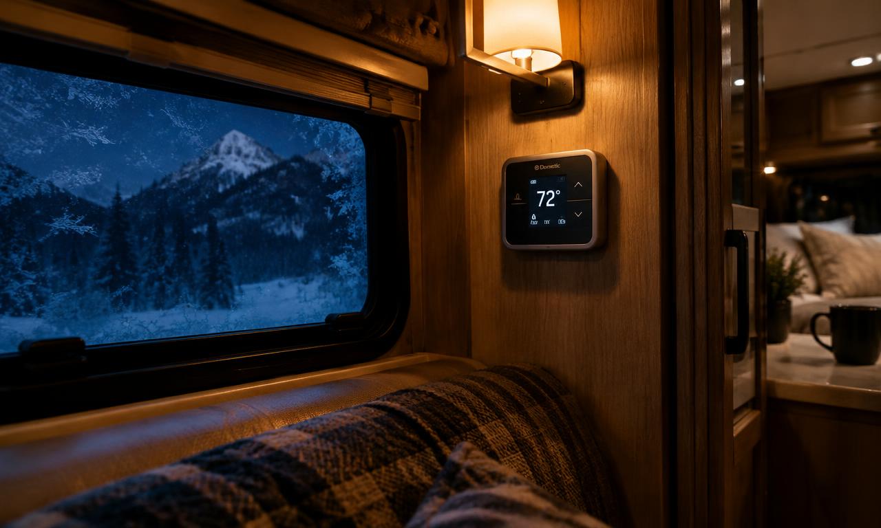 Warm RV interior at night with a glowing thermostat and frosted window overlooking snowy mountains